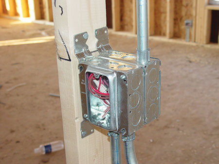 Photo 1. Double 4-Square metallic box with plaster extension ring