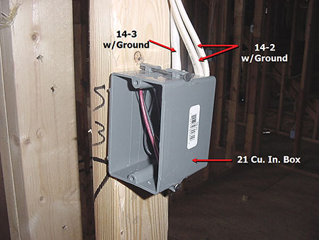 Photo 2. Single-gang nonmetallic box with Type NM cable with box fill calculated by the volume required per conductor, device, clamps, etc.