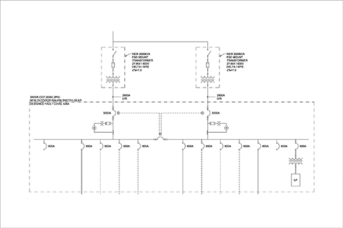 Photo 9. A single line diagram of a double ended station, that required draw-out breakers on the low voltage secondary of the transformers. Drawing courtesy of Tiltran Power Services Corp.