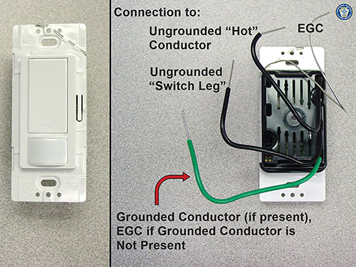 Photo 4. Occupancy sensor which permits the equipment grounding conductor to carry the operational and stand-by neutral load of the switching device.